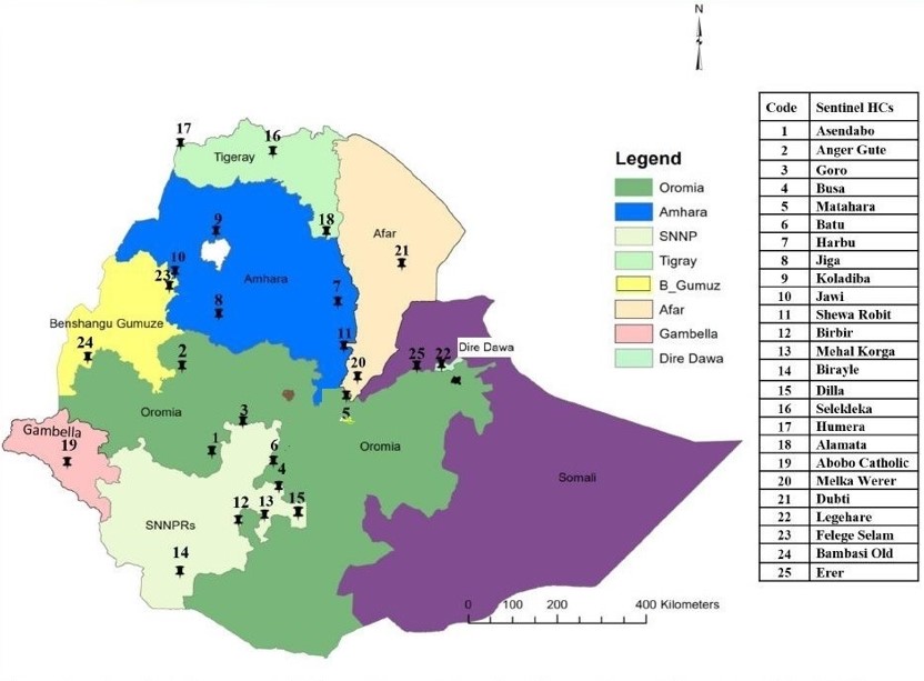 Map of Ethiopia showing distribution of National Malaria Sentinel Surveillance Sites. Ethiopian Public Health Institute, Feb 2021.