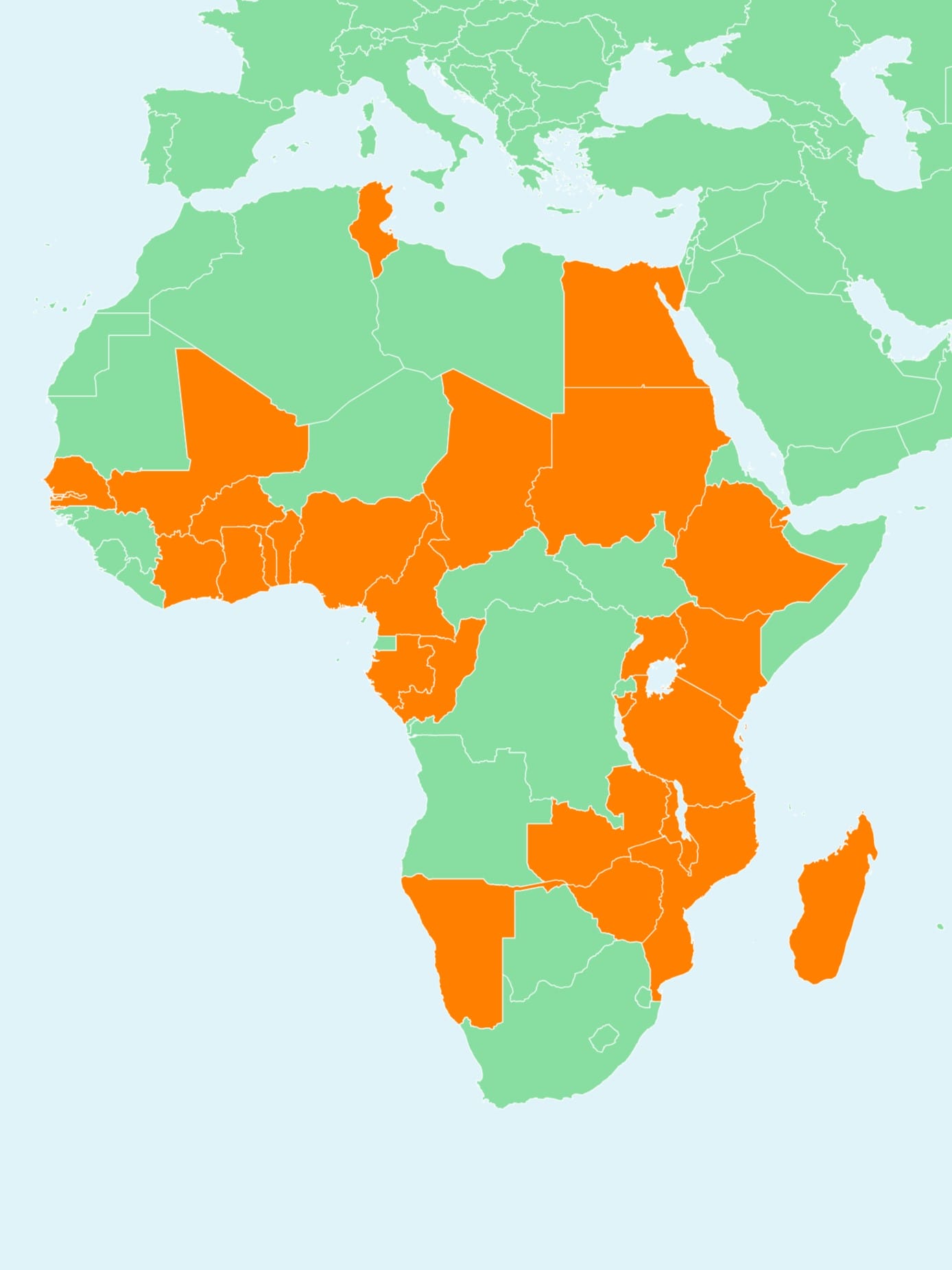 Map of the African continent with countries of participants in the MalariaGEN-PAMCA training course highlighted: Gambia, Senegal, Mali, Burkina Faso, Cote d'Ivoire, Ghana, Togo, Benin, Nigeria, Cameroon, Gabon, Republic of Congo, Chad, Sudan, Egypt, Tunisia, Ethiopia, Djibouti, Kenya, Uganda, Tanzania, Burundi, Zambia, Malawi, Mozambique, Zimbabwe, Madagascar, Namibia