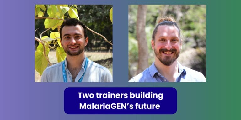 Images of Eyyub (left) and Andy (right), with a title: Two trainers building MalariaGEN's future